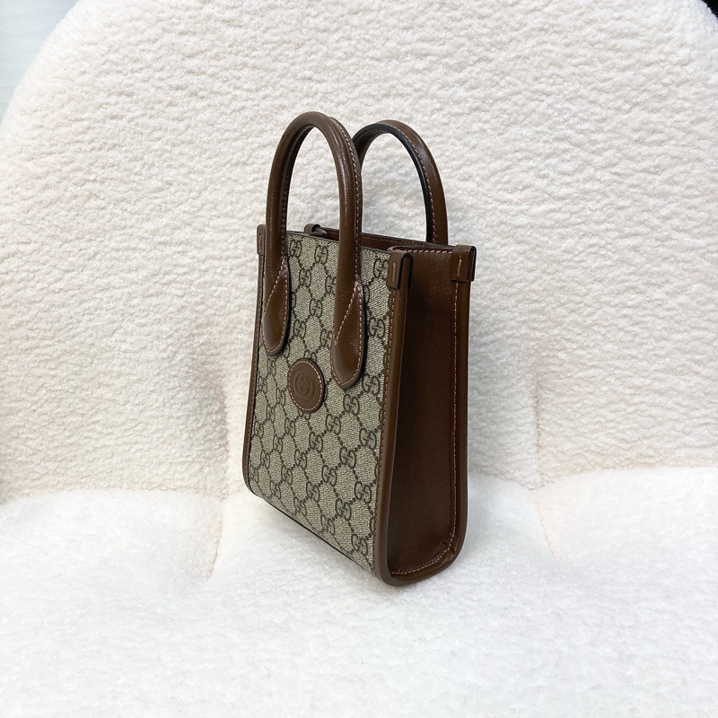 Gucci 古馳 GG Retro琴譜 Mini Tote GG Supreme老花帆布 烏木色牛皮 Interlocking G迷你托特斜背包 671623-10