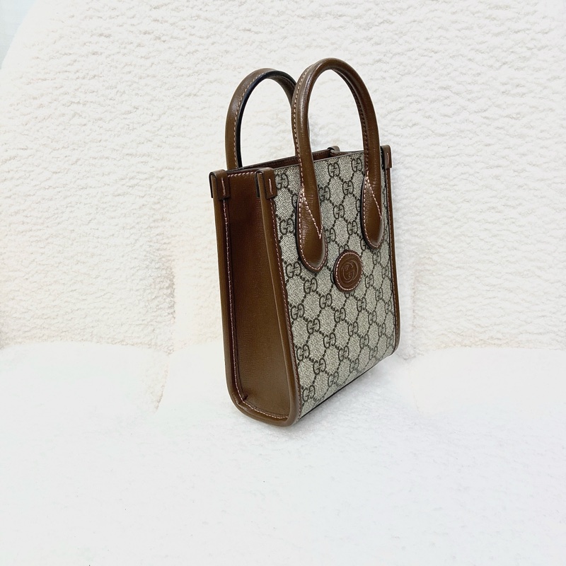 Gucci 古馳 GG Retro琴譜 Mini Tote GG Supreme老花帆布 烏木色牛皮 Interlocking G迷你托特斜背包 671623-11