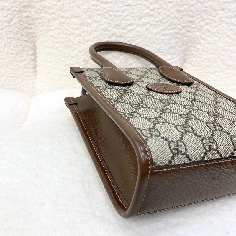 Gucci 古馳 GG Retro琴譜 Mini Tote GG Supreme老花帆布 烏木色牛皮 Interlocking G迷你托特斜背包 671623-15