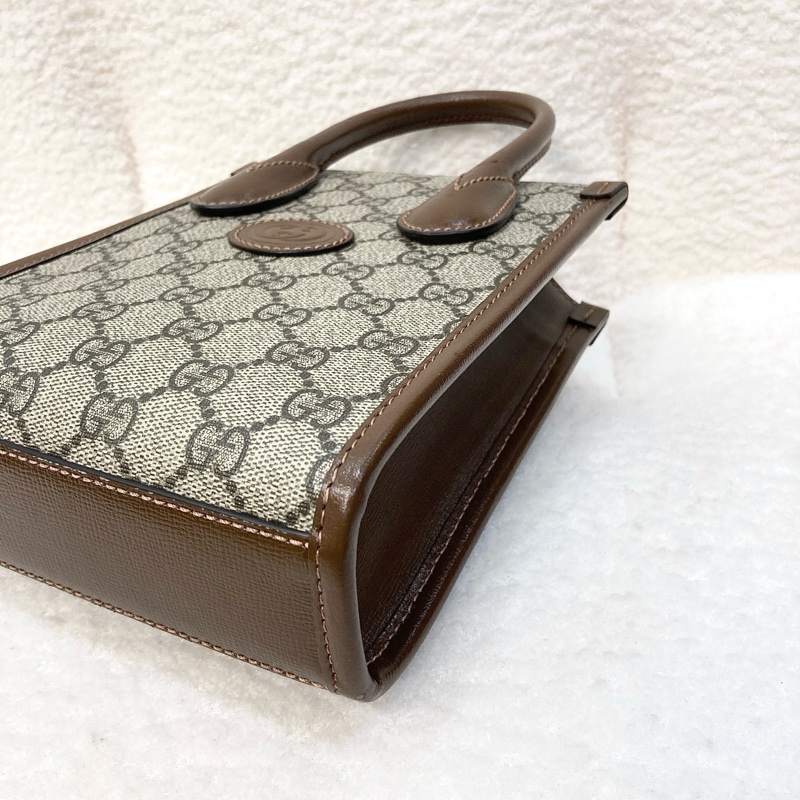 Gucci 古馳 GG Retro琴譜 Mini Tote GG Supreme老花帆布 烏木色牛皮 Interlocking G迷你托特斜背包 671623-16
