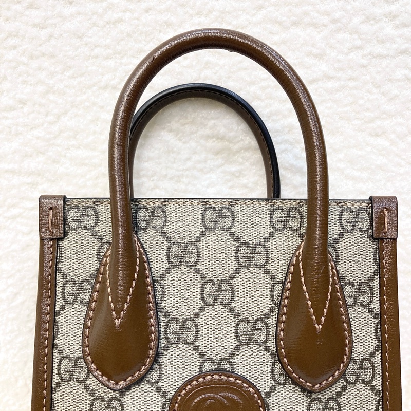 Gucci 古馳 GG Retro琴譜 Mini Tote GG Supreme老花帆布 烏木色牛皮 Interlocking G迷你托特斜背包 671623-19