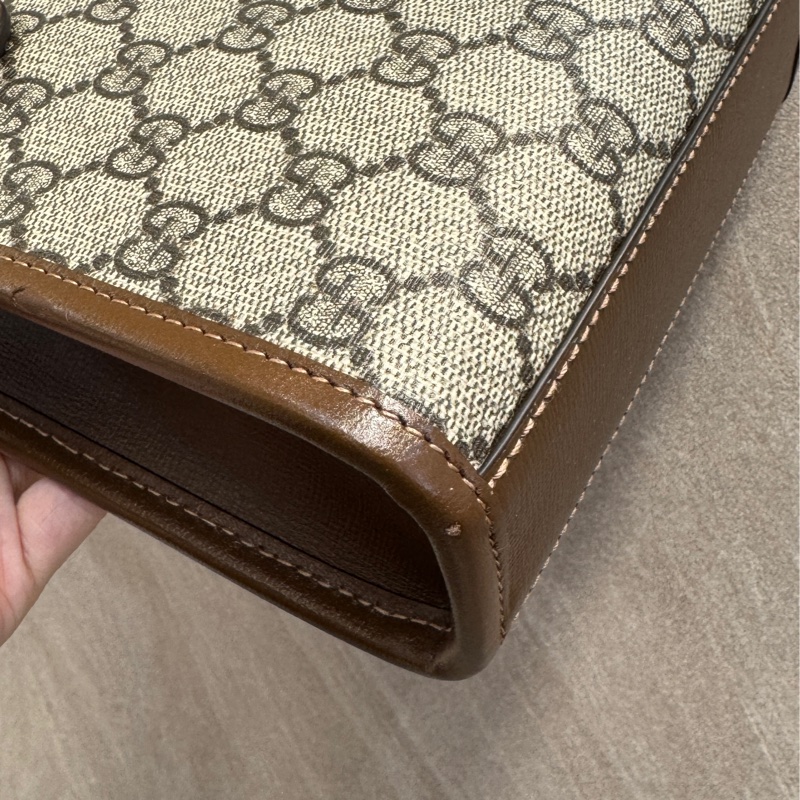 Gucci 古馳 GG Retro琴譜 Mini Tote GG Supreme老花帆布 烏木色牛皮 Interlocking G迷你托特斜背包 671623-16