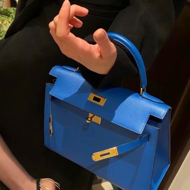 HERMES 愛馬仕 Kelly 28 法國藍 金扣 Epsom 皮-9