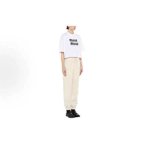 MIU MIU缪缪 纯色抽绳系带束脚 针织运动裤 女款 象牙白色