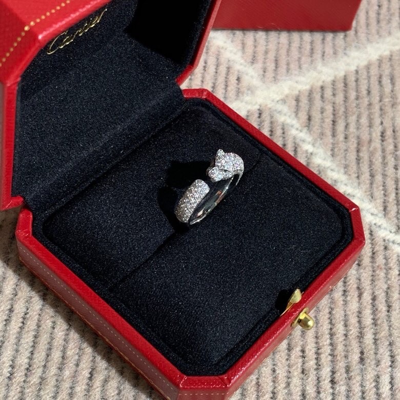Cartier卡地亞豹子窄版白金滿鑽戒指53號，頭尾鑲鑽，2020購入-1