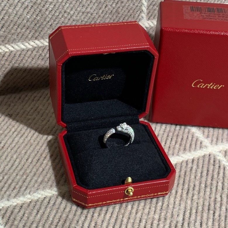 Cartier卡地亞豹子窄版白金滿鑽戒指53號，頭尾鑲鑽，2020購入-2