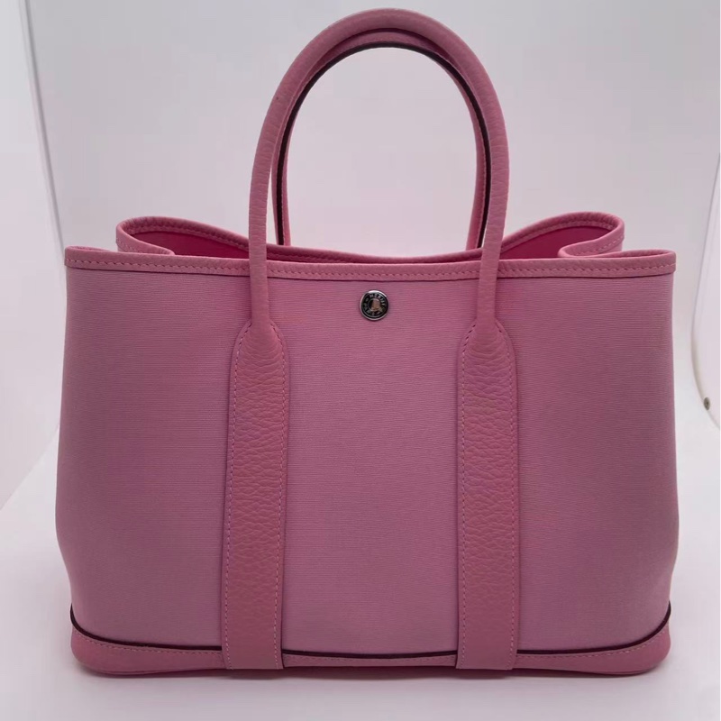 二手Hermes愛馬仕garden party30櫻花粉帆布拼皮y刻，有發黑磨損-1