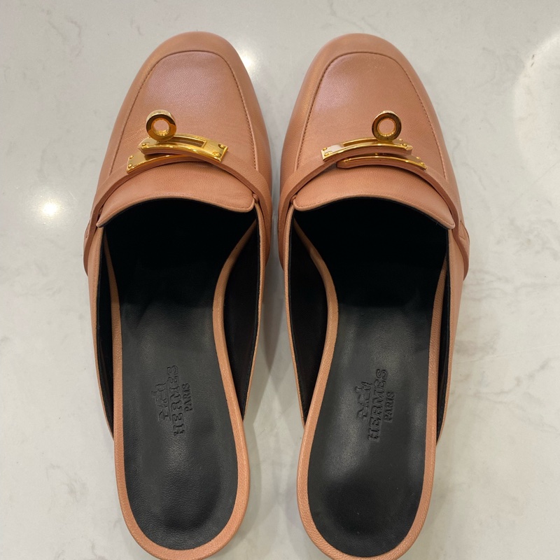 閒置新 未使用 Hermes/愛馬仕kelly龍蝦粉金扣b刻 半拖鞋37碼 配件塵袋 包裝盒-2