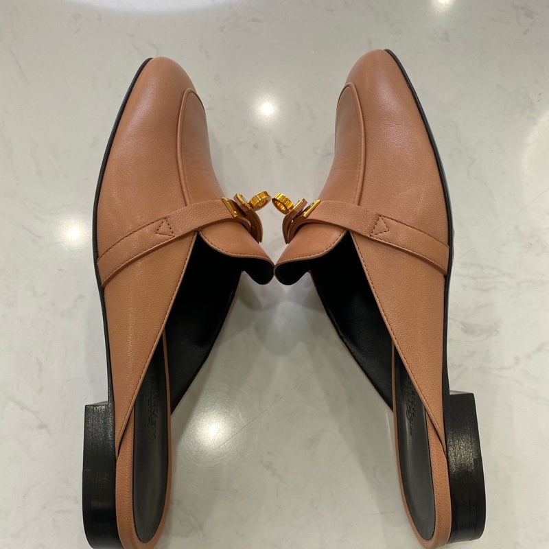 閒置新 未使用 Hermes/愛馬仕kelly龍蝦粉金扣b刻 半拖鞋37碼 配件塵袋 包裝盒-4