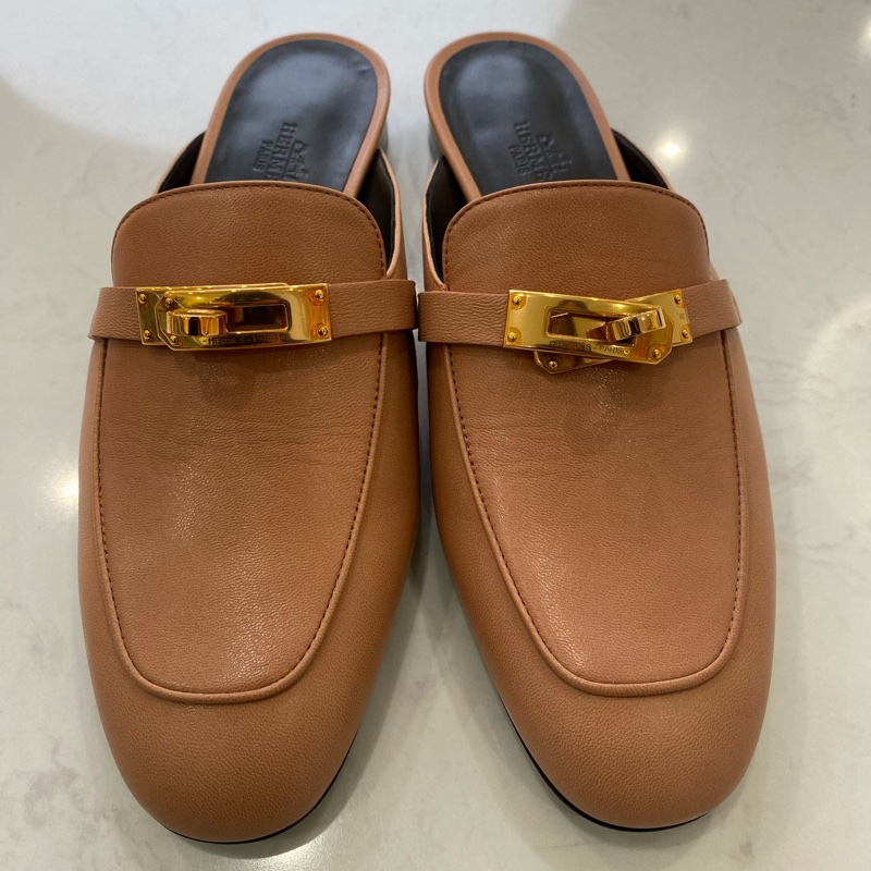 閒置新 未使用 Hermes/愛馬仕kelly龍蝦粉金扣b刻 半拖鞋37碼 配件塵袋 包裝盒-8