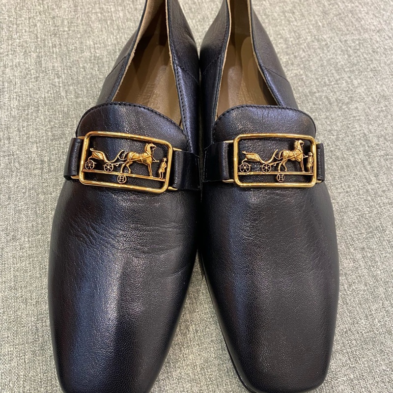 閒置新 Hermes/愛馬仕黑色馬車扣 樂福鞋35碼 油蠟皮質地很高級 羊皮柔軟細膩非常合腳 附件：塵袋+盒-1