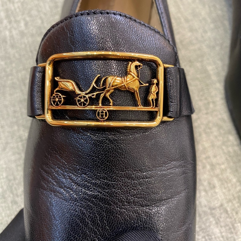 閒置新 Hermes/愛馬仕黑色馬車扣 樂福鞋35碼 油蠟皮質地很高級 羊皮柔軟細膩非常合腳 附件：塵袋+盒-4
