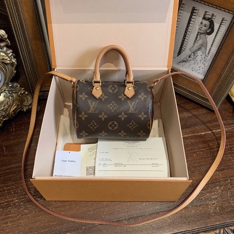 【大全套有購證❗️95新✨】LV Nano Speedy 經典老花枕頭包 棕色