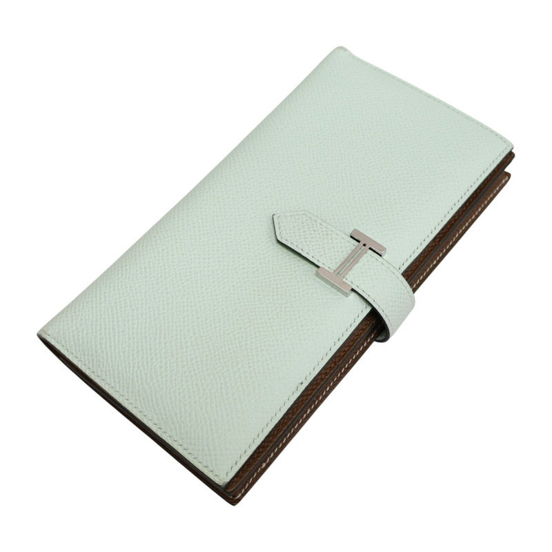 淺綠 金棕色 Epson牛皮 Bearn Verso 兩折 長夾 K刻 銀釦【HERMES 愛馬仕】 H039785CK-2