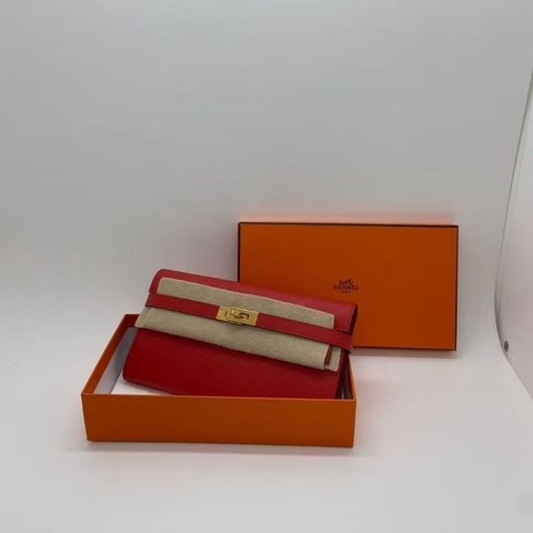 二手Hermes愛馬仕Kelly紅色錢包epsom皮金扣x刻，配件盒子羊毛氈