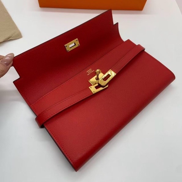 二手Hermes愛馬仕Kelly紅色錢包epsom皮金扣x刻,配件盒子羊毛氈-2