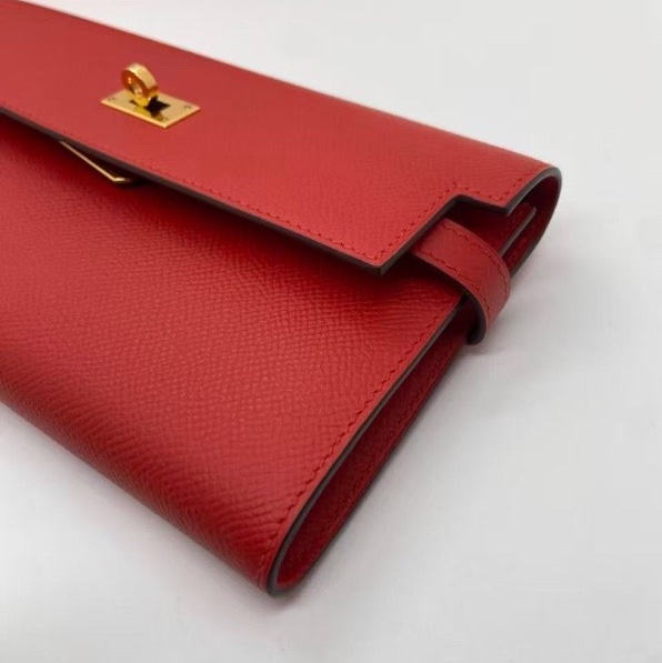 二手Hermes愛馬仕Kelly紅色錢包epsom皮金扣x刻,配件盒子羊毛氈-4