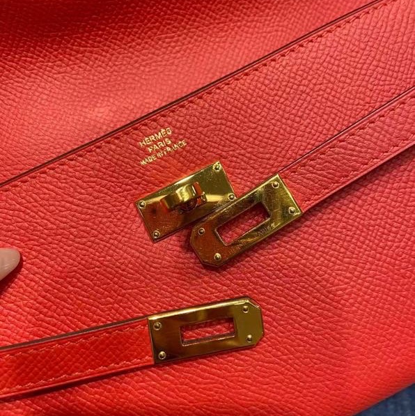 二手Hermes愛馬仕Kelly紅色錢包epsom皮金扣x刻,配件盒子羊毛氈-7
