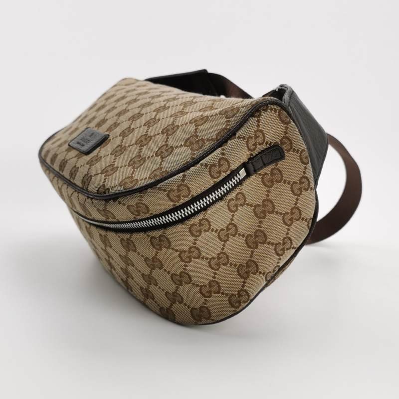 Gucci牛皮帆布雙G老花皮標Logo腰包胸包-2