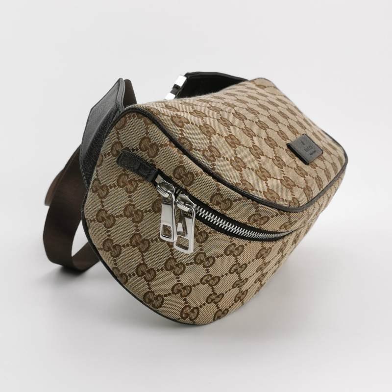 Gucci牛皮帆布雙G老花皮標Logo腰包胸包-3
