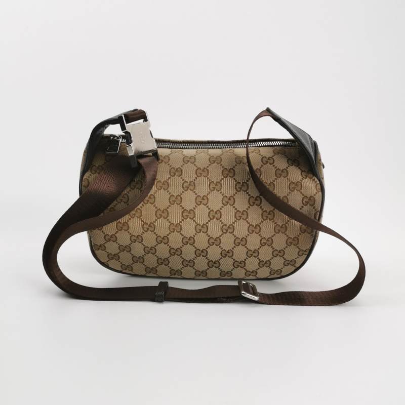 Gucci牛皮帆布雙G老花皮標Logo腰包胸包-4