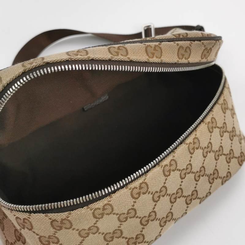 Gucci牛皮帆布雙G老花皮標Logo腰包胸包-6