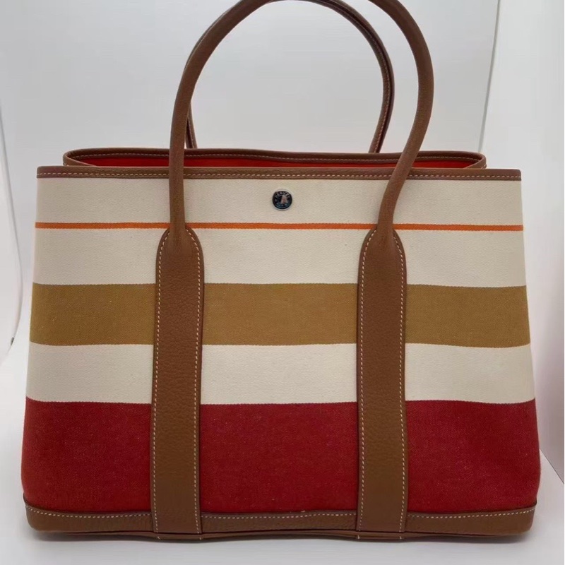 二手Hermes愛馬仕gardenparty 36彩色條紋限量款花園包，正常使用痕跡如圖，Q刻，配件塵袋-1