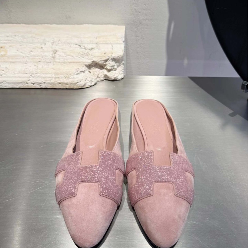 【98新✨經典H logo✨超顯白🥰】Hermes 粉色麂皮半拖 35.5碼-2