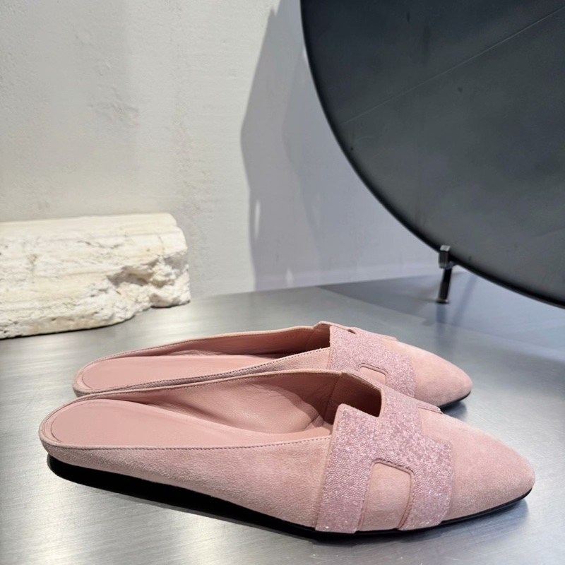 【98新✨經典H logo✨超顯白🥰】Hermes 粉色麂皮半拖 35.5碼-3