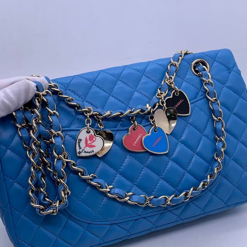 二手Chanel CF經典款 情人節限量款藍色斜挎包，背面邊角局部護理，鐳射 12 開-6