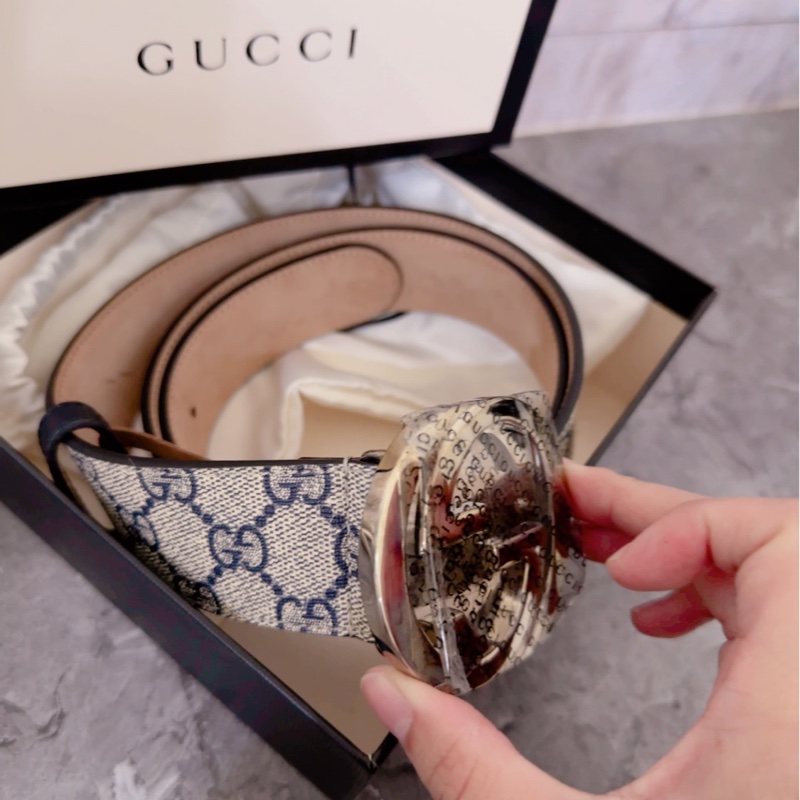 歐洲精品 GUCCI 古馳 95公分 經典款 基本款 滿版雙G字體花紋 雙G皮帶頭 亮面銀頭 皮帶 腰帶-1