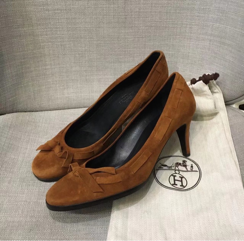 【97新✨超級低價🤩復古有氣質💫】Hermes愛馬仕中古高跟鞋37碼 鹿絨皮棕色-1