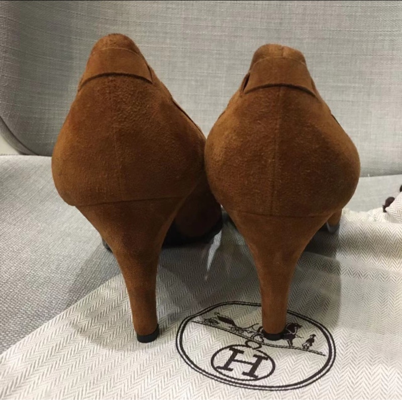 【97新✨超級低價🤩復古有氣質💫】Hermes愛馬仕中古高跟鞋37碼 鹿絨皮棕色-3