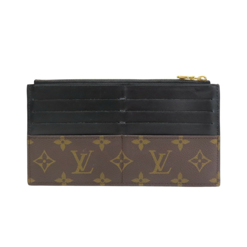 棕色 原花帆布 黑色牛皮 Slim purse 拉鍊長夾 金扣【LOUIS VUITTON LV 路易威登】 M80348-1
