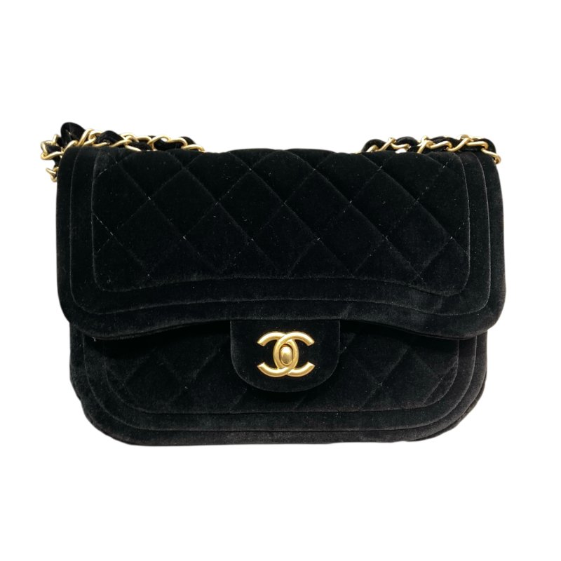 CHANEL 經典菱格紋雙蓋鏈條肩背包 絲絨 黑色 金色金具-1