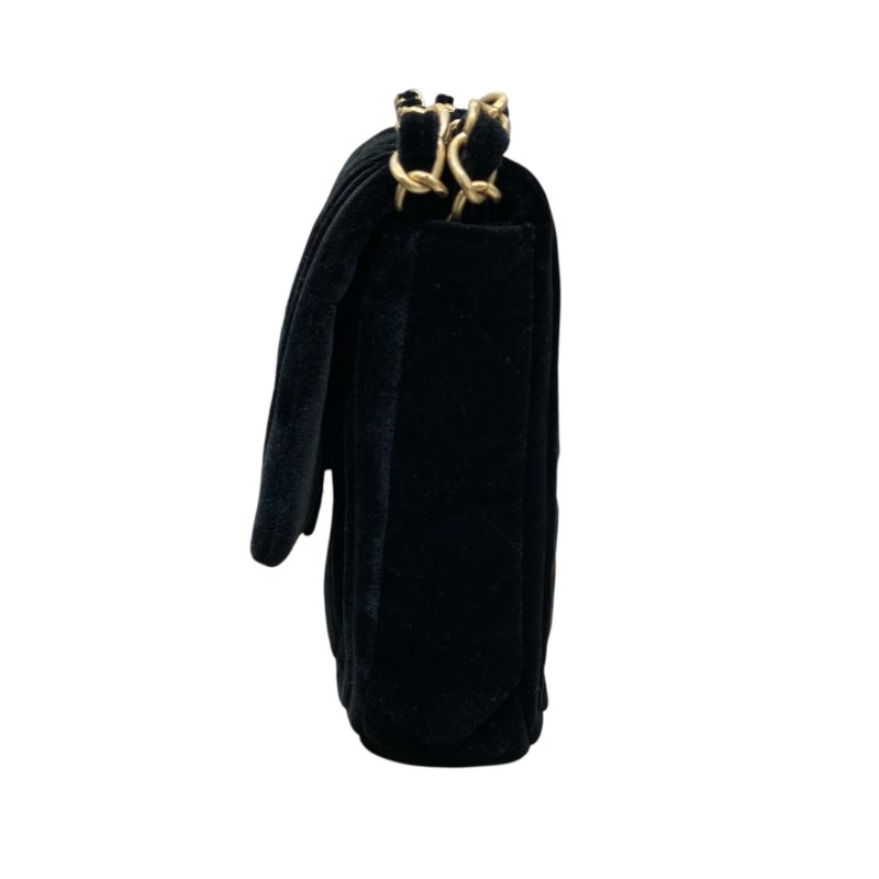 CHANEL 經典菱格紋雙蓋鏈條肩背包 絲絨 黑色 金色金具-4