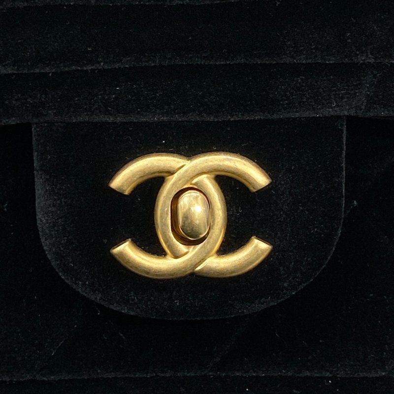 CHANEL 經典菱格紋雙蓋鏈條肩背包 絲絨 黑色 金色金具-10