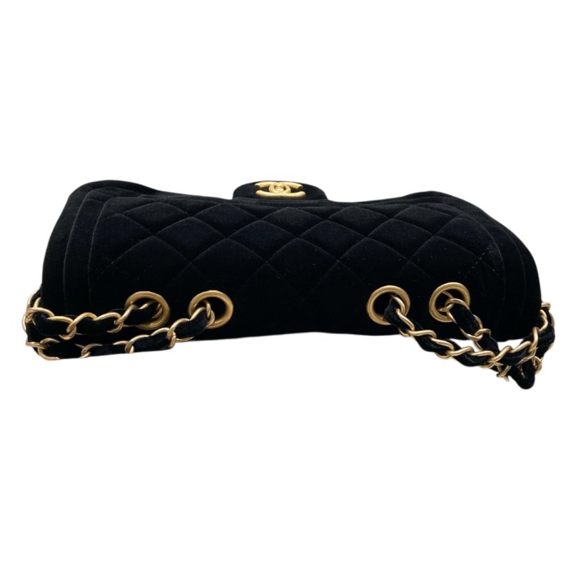 CHANEL 經典菱格紋雙蓋鏈條肩背包 絲絨 黑色 金色金具-11