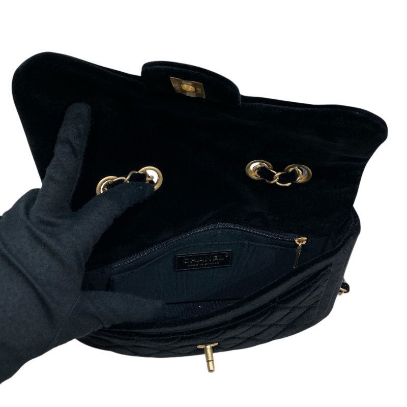 CHANEL 經典菱格紋雙蓋鏈條肩背包 絲絨 黑色 金色金具-12