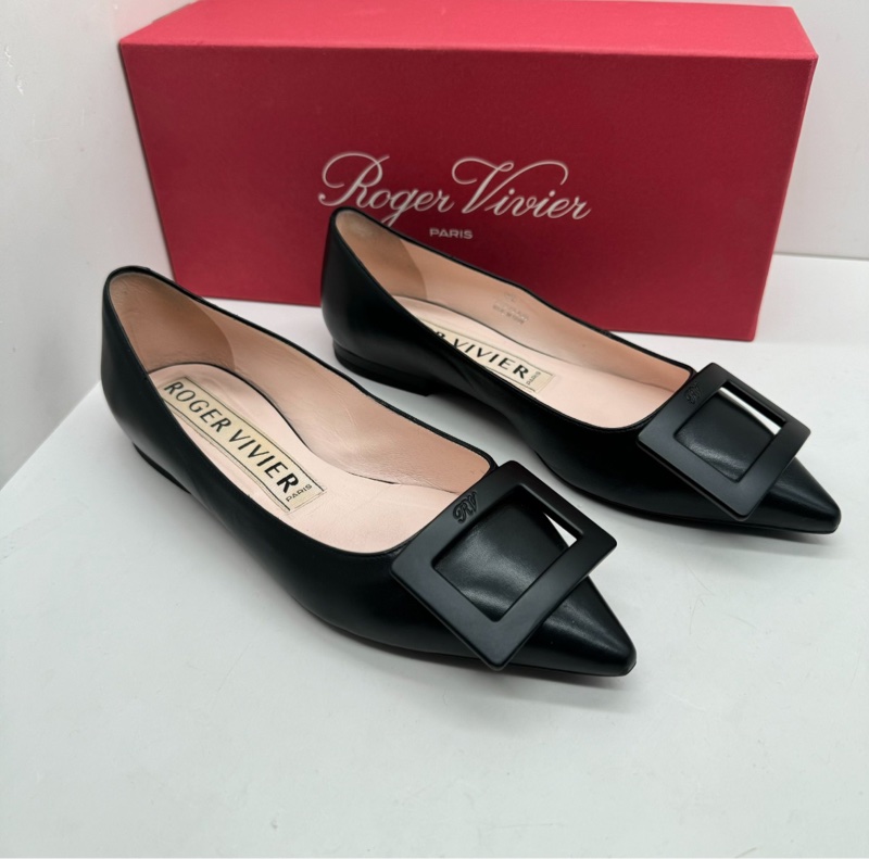 【98新✨黃金36碼🤩】Roger Vivier/RV Trompette黑色尖頭方扣平底鞋-2
