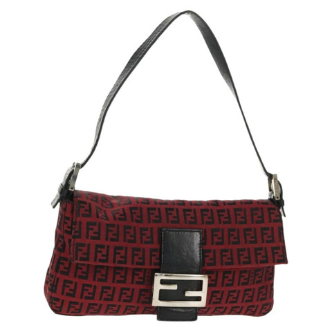 FENDI Zucchino帆布Mamma Baguette單肩包 紅色銀色 正品 150613V
