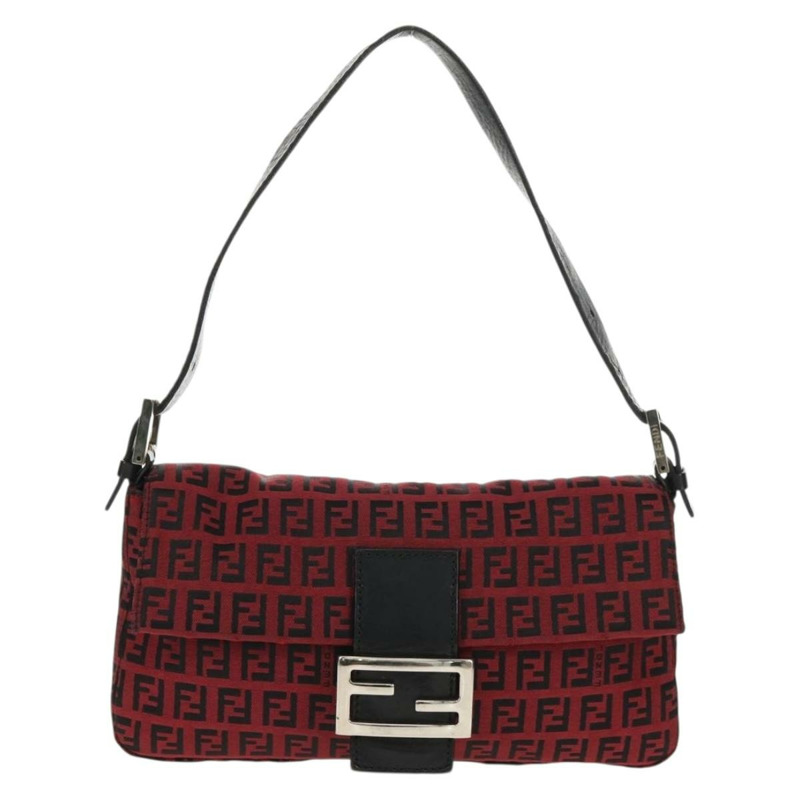【日本直送】FENDI Zucchino帆布Mamma Baguette單肩包 紅色銀色 正品 150613V-12