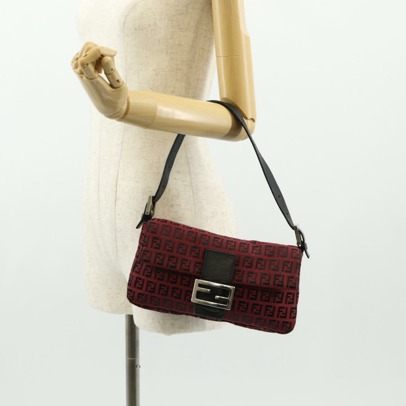 【日本直送】FENDI Zucchino帆布Mamma Baguette單肩包 紅色銀色 正品 150613V-26
