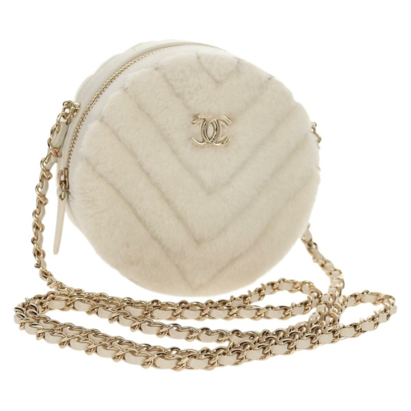 【日本直送】香奈兒 V 字縫線鏈條肩背包,羊毛白,金色雙 C 標誌,貨號 148461AM-0