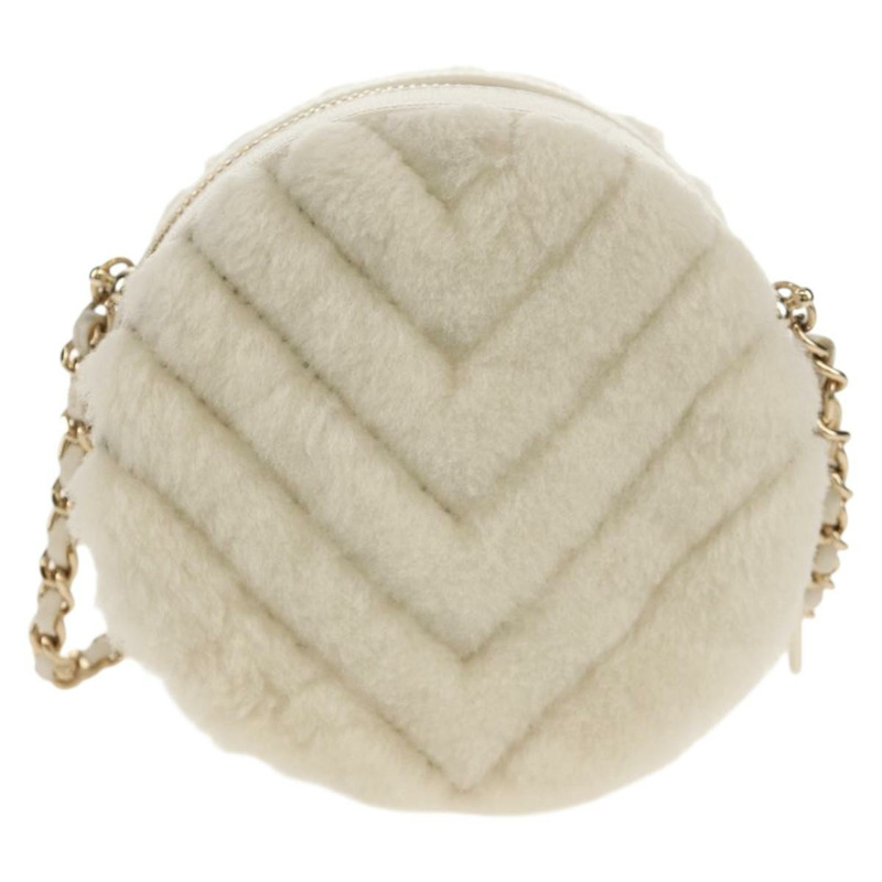 【日本直送】香奈兒 V 字縫線鏈條肩背包,羊毛白,金色雙 C 標誌,貨號 148461AM-2