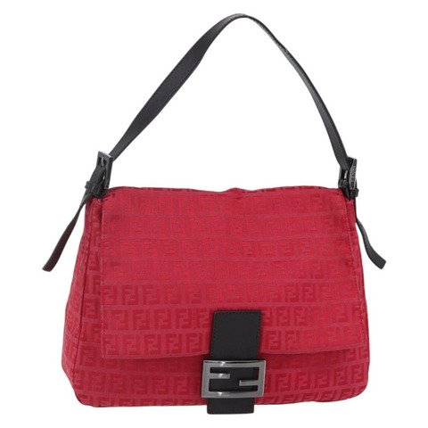 FENDI Zucchino帆布Mamma Baguette單肩包 紅色銀色 正品 134350V