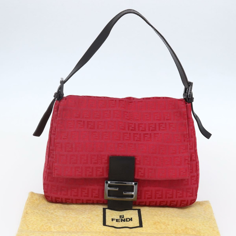 【日本直送】FENDI Zucchino帆布Mamma Baguette單肩包 紅色銀色 正品 134350V-11