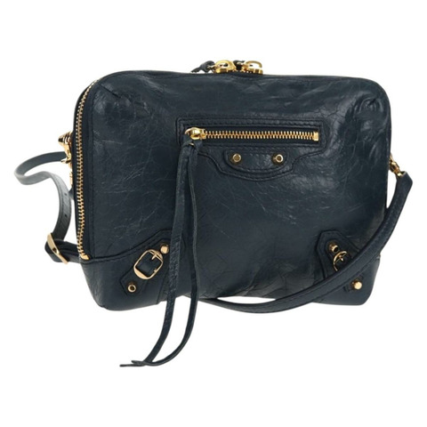 BALENCIAGA 經典記者單肩背包，皮革材質，海軍藍/金色，貨號 488795，正品 am10138V