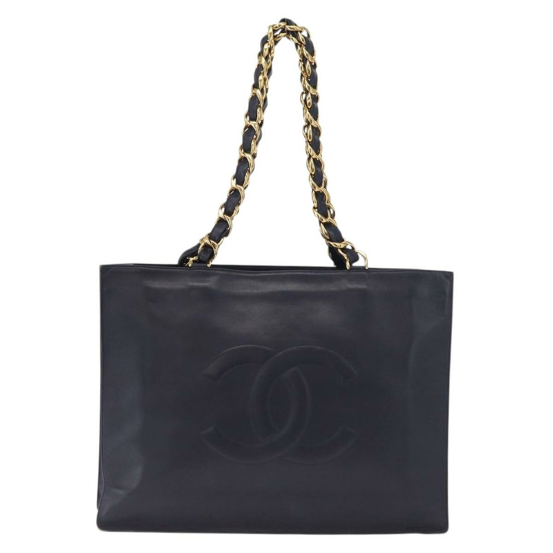 【日本直送】香奈兒鏈條手提包，皮革材質，海軍藍金色雙C標誌，正品編號157556V-1