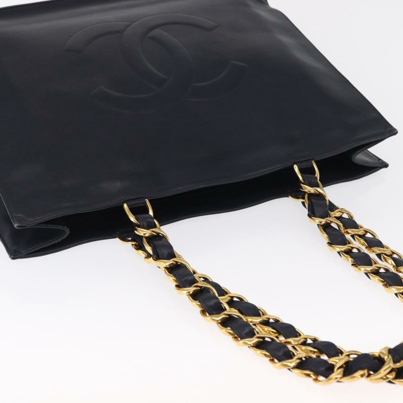 【日本直送】香奈兒鏈條手提包，皮革材質，海軍藍金色雙C標誌，正品編號157556V-5